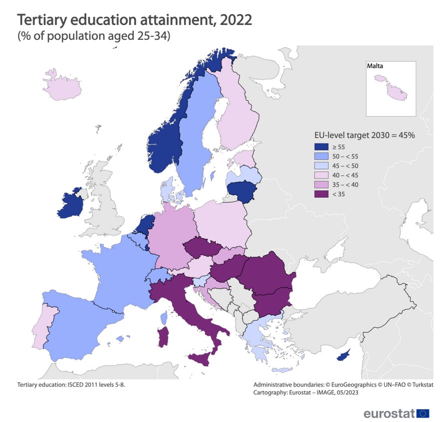 Map of the share of the population aged 25-34 in the EU countries that has attained tertiary education